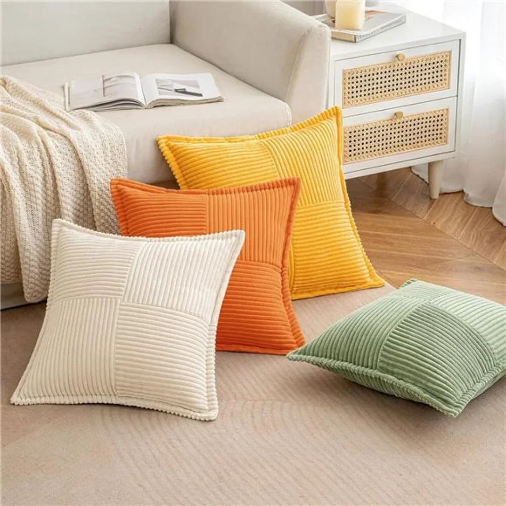 Corduroy Pillow Covers,20x20 Boho Striped Decorative Throw Pillow,Set of 2 Beige